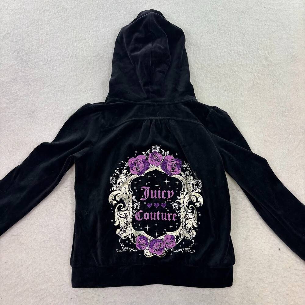 Juicy Couture Girl's 90s Y2K Trendy Black Velour Hoodie Size L 14